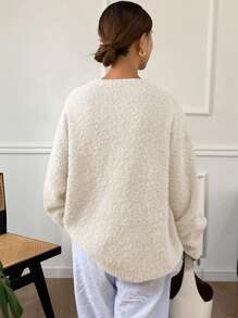 DAZY Suéter de cuello redondo de ajuste holgado de unicolor para mujer, ropa de mujer de otoño - Blanco - Ver 2