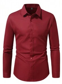 Calvornis 男士素色休閒/商務長袖正式襯衫，秋季，秋天，典禮 - 酒紅色 - 查看 3