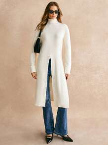 Poéselle Long Apricot Sweater,Long Turtleneck Slit Sweater,Women High Collar Dropped Shoulder Solid Color Long Sleeve Split Hem Casual Sweater, Autumn/Winter,Fall Women Outfits,Fall Sweaters,Old Money StyleWarm And Comfortable, Suitable For Daily Street, Home, Commuting And Other Occasions To Wear