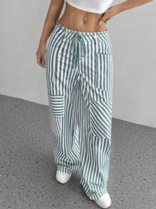 Flirla Striped Print With Pocket Knot Front Casual Straight Pants - Multicolor - View 3