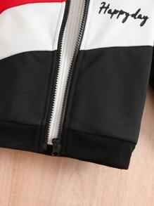2pcs/Set Baby Boy Casual Letter Print Color Block Zip Up Hooded Jacket & Sweatpants Outdoor Fall/Winter Outfits - Multicolor - View 6