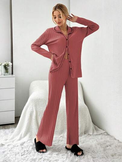 RueChic Set Open Front Contrast Stitching Ribbed Pajama view 5