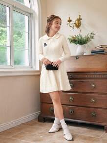 SHEIN Collegiate Style Embroidered Collar & Crochet Trim Dress, Elegant And Intellectual Design For Teen Girls