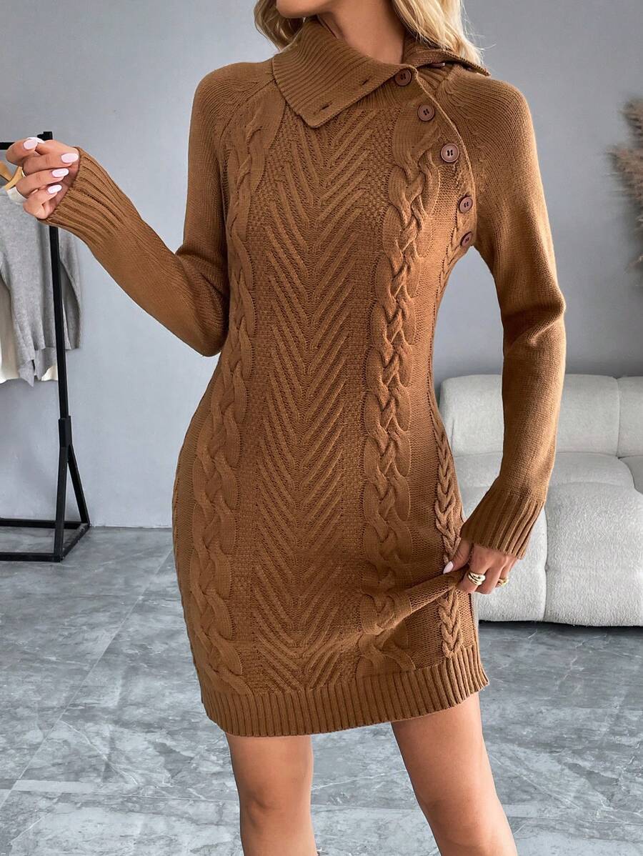 SHEIN LUNE 女士纯色纽扣设计长袖优雅针织毛衣连衣裙，秋冬 - 咖啡棕 - 查看 1