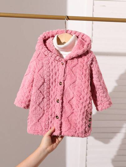 SHEIN Playful Pals Chaqueta casual suelta de invierno para bebé niña, de un solo pecho, con capucha de peluche y manga larga de unicolor