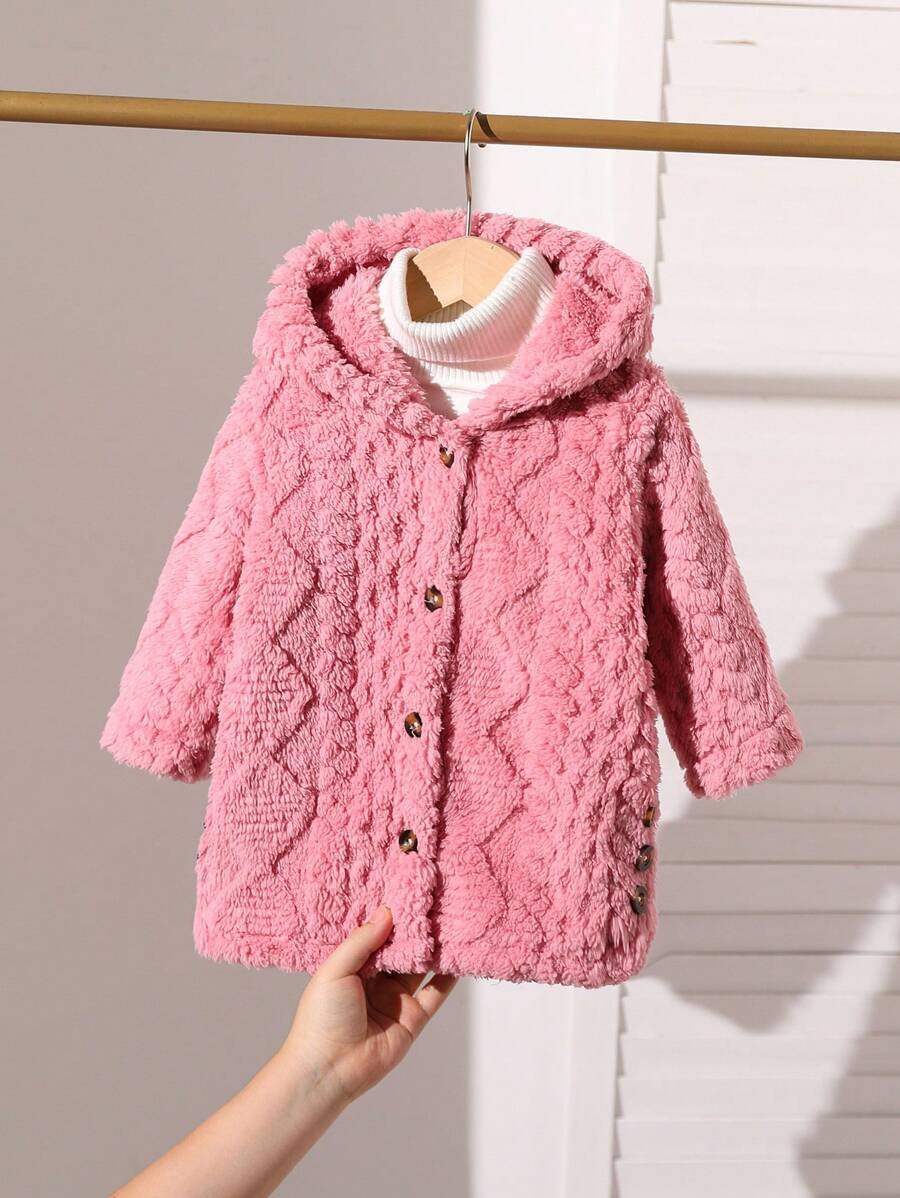 SHEIN 女婴纯色长袖单排扣毛绒连帽休闲宽松夹克，冬季 - 粉色 - 查看 1