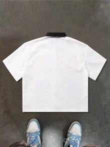 PAVTROS Manfinity Streetrush Men's Letter Angel Print Short Sleeve Zipper Front Box Cut Street Shirt - White - View 2