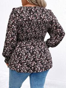 SHEIN LUNE Plus Size Square Neckline Long Sleeve Floral All-Over Print Top, Casual Everyday Wear - Multicolor - View 2