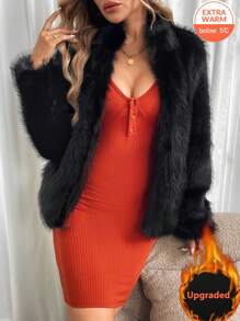 SHEIN LUNE Women's Fashionable Solid Color Fluffy Jacket For Autumn & Winter - Black - View 3