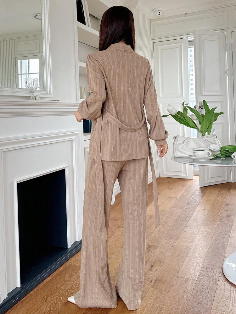 2pcs Women Casual Set, Textured Long Sleeve Single-Breasted Shirt And Wide Leg Pants,Fall Clothes Lounge Sets For Women