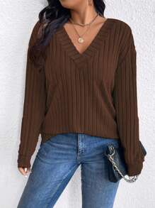 SHEIN LUNE Plus Size Women's Solid Color V-Neck Drop Shoulder Long Sleeve Ribbed Casual Hoodie, Autumn Pullover Fall Outfit - Coffee Brown - View 1