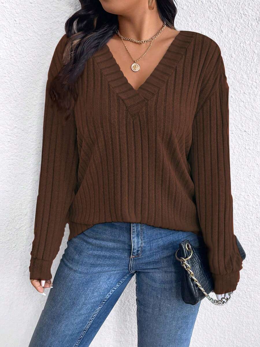 SHEIN LUNE Plus Size Women's Solid Color V-Neck Drop Shoulder Long Sleeve Ribbed Casual Hoodie, Autumn Pullover Fall Outfit - Coffee Brown - View 1