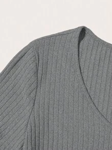 SHEIN Essnce Women's Solid Color V-Neck Ribbed Casual Short Sleeve T-Shirt - Dark Grey - View 5