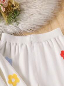 SHEIN 女童花卉印花 V 领宽松落肩开衫和阔腿针织裤两件套服装 - 白色 - 查看 5