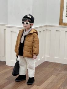 SHEIN Young Boy Winter Solid Color Long Sleeve Zip Collar Hooded Padded Coat & Pants Casual Outfit Set With Scarf - Multicolor - View 1