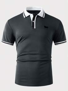 Manfinity LEGND Áo thun polo chơi golf tay ngắn cổ bẻ họa tiết ngựa khối màu cổ điển dành cho bố - Màu xám đen - Xem 5