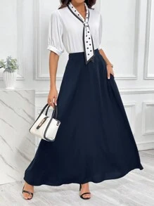 SHEIN Essnce Gonna a colori uniti elegante con zip e tasche - Blu - Visualizzare 5