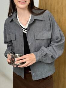 INAWLY Áo khoác bomber vải nhung màu trơn thường ngày mùa xuân thu dành cho nữ - Xám - Xem 7