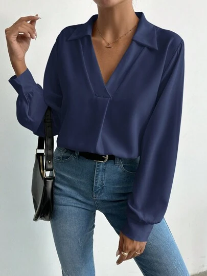 EURMUSE V-collar Lantern Sleeve Solid Top