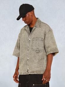 SUMWON Boxy Fit Revere Washed Denim Shirt With Back Embossed Design - Khaki - View 3
