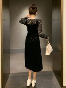 DAZY 1 件女士优雅纯色天鹅绒无袖连衣裙，秋季，生日舞会礼服太阳裙 - 黑色 - 查看 8