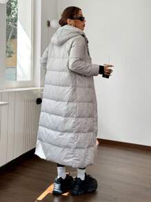 SHEIN EZwear Chaqueta casual de mujer con capucha de unicolor, rellena de plumas y fibra de plumón para invierno, con correas interiores de transporte