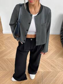 Chiquease Casual Striped Long Sleeve Cropped Jacket For Autumn - Dark Grey - View 6