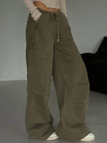 DAZY 女式低腰工装裤，带褶裥腰带和收腰细节 - 軍綠色 - 查看 2