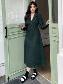 DAZY Women Cross-Wrapped Solid Color Elegant Long Sleeve Midi Dress, Autumn/Winter,Fall Women Clothes