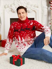 SHEIN Suéter navideño rojo de manga larga con estilo shetland para hombre, moda navideña, otoño/invierno. Conjuntos a juego en familia mamá e hija (las 4 piezas se venden por separado) - Rojo - Ver 4