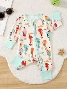 Bộ đồ liền thân liền quần in kỹ thuật số toàn thân dễ thương và thoải mái cho bé gái, họa tiết cá ngựa, màu tương phản, tay dài, khóa kéo phía trước, đồ mặc ở nhà - Màu xanh Bạc hà - Xem 7