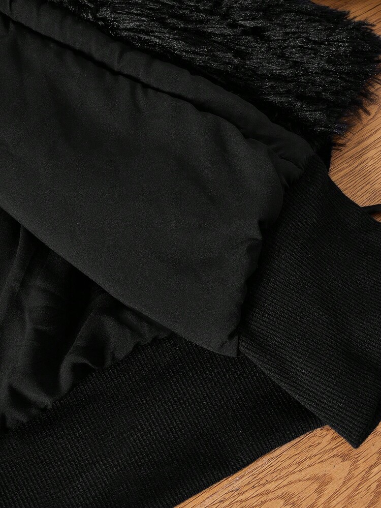 SHEIN Essnce Abrigo acolchado de manga larga de color negro sólido y textura esponjosa con parches, chaqueta de mujer para otoño/invierno, chaqueta corta de invierno de estilo coreano holgada y cálida - Negro - Añade 9