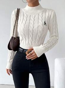 SHEIN Unity Suéter de punto de manga larga con cuello alto, ajustado, con bordado de letras para mujer, para otoño/invierno - Beis - Ver 5