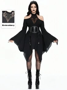 ROMWE Gothic Mesh Embroidered Off-Shoulder Puff Sleeve Asymmetrical Hem Ladies Dress - Black - View 1