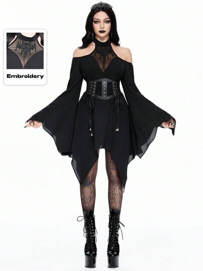 Gothic Mesh Embroidered Off-Shoulder Puff Sleeve Asymmetrical Hem Ladies Dress