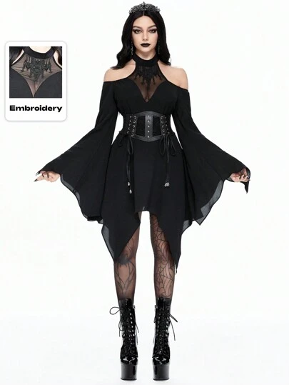 ROMWE Gothic Mesh Embroidered Off-Shoulder Puff Sleeve Asymmetrical Hem Ladies Dress