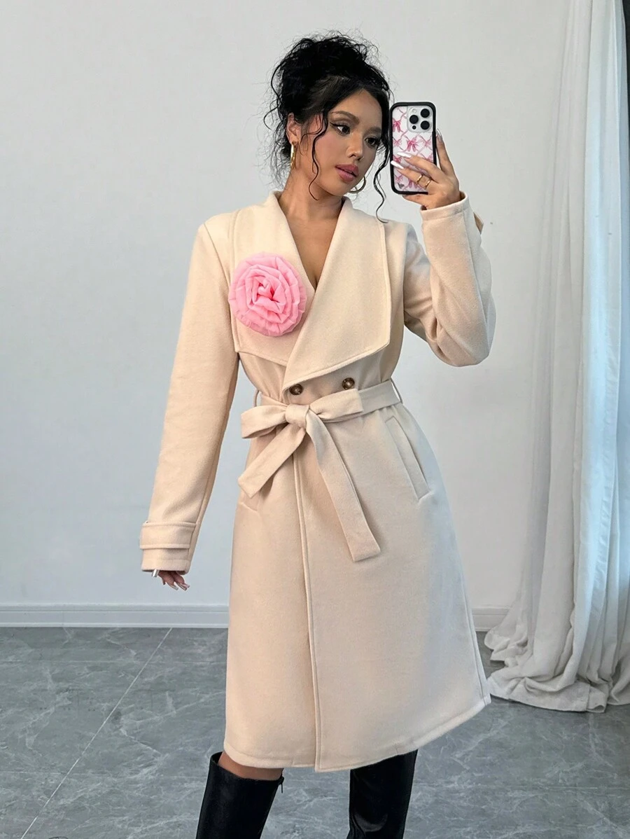 Chiquease Áo khoác dài tay giản dị in hoa 3D đơn giản cho nữ - Màu be - Xem 1