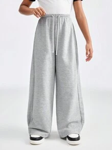 SHEIN Pantalón de chándal informal con cintura con cordón y pierna ancha de color gris para niña preadolescente