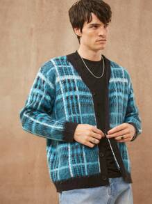 Men Brushed Plaid Cardigan Sweater - Blue - View 1