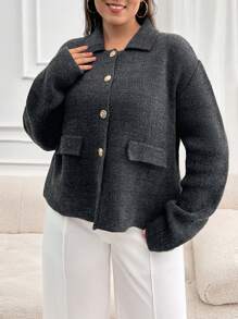 EURMUSE Plus Size Elegant Front Button Cardigans, Dropped Shoulders, Autumn, For Winter - Grey - View 3