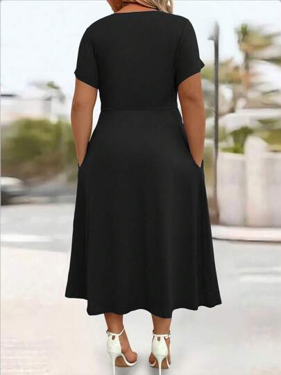 EMERY ROSE Plus Size Casual Solid Color V-Neck Cinched Waist Slant Pocket Sundress For Summer, For Thanksgiving Maxi Women Outfit