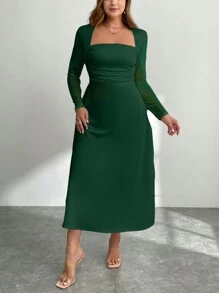 SHEIN Privé Vestido largo de corte evasé sin mangas talla grande para mujer, vestido verde de cuello alto, ajustado con ribete de volantes y abertura lateral, para otoño y vuelta al colegio