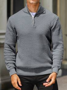 Manfinity Homme Men's Solid Color Long Sleeve Casual Quarter Zip Sweater, Autumn/Winter, Men Grey Sweater, Men Pullover Sweater, Grey Knit Sweater, Men Knitwear, Men Zipper Sweater