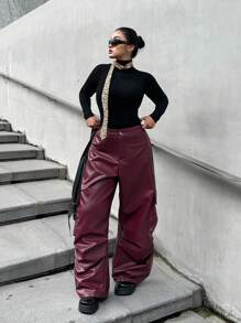 Flirla Plus Size Casual Solid Color Streetwear Multi-Pocket Straight Leg Cargo Pants