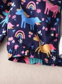 SHEIN 年轻女孩休闲百搭多场合秋冬新品可爱卡通独角兽和花卉印花连帽拉链夹克，藏青色，适合秋季、冬季、家居、日常穿着、保暖、防风、防雨、外套 - 藏蓝色 - 查看 5