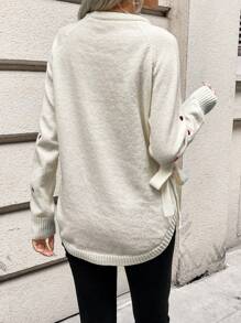 SHEIN Frenchy 女士心形图案圆领插肩袖长袖侧系带休闲毛衣，秋冬，情人节