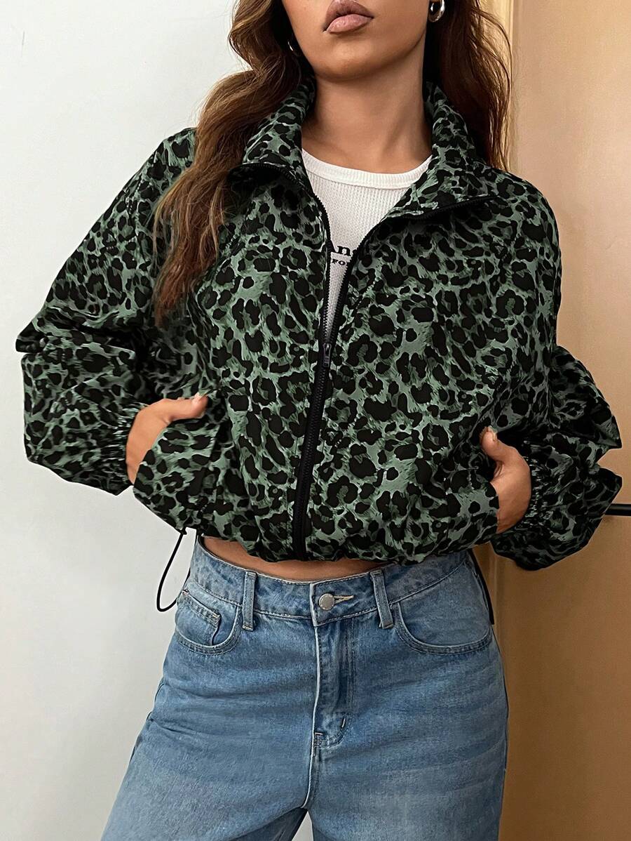 Muchica Leopard Print Zip Up Drop Shoulder Jacket - Army Green - View 1