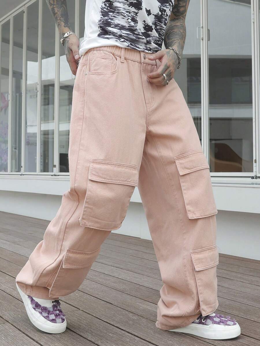 Manfinity LEGND Men's Casual Street Style Solid Color Flap Pocket Loose Fit Cargo Jeans Plain Light Pink Cargo Jeans, For Husband, Boyfriend Gifts