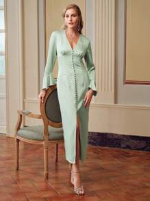 ZEYLAH SOLID V-NECK FLARE SLEEVE SPLIT HEM BUSTIER LONG DRESS