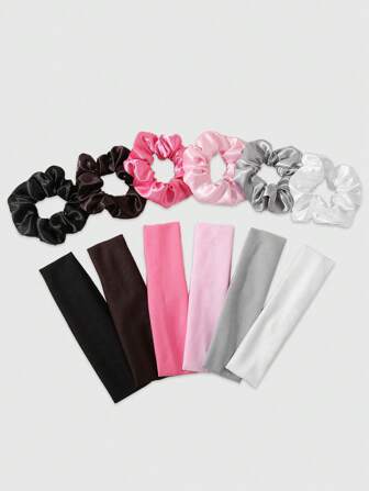Kawaii 12pcs/Set Girls Plain Simple Casual Headband + Hair Tie Accessories Set, Suitable For Daily Life And Campus Sports